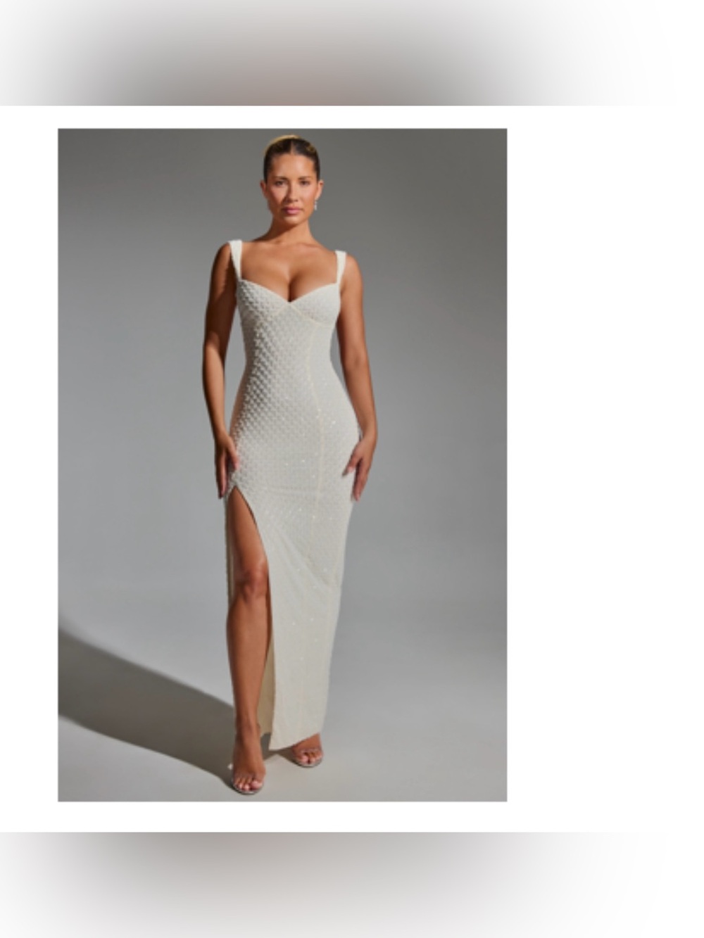 Elegant Ivory Beaded Column Dress with Thigh Slit